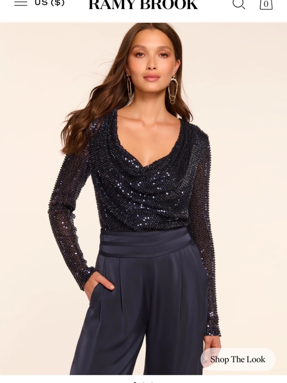 Ramy Brook Navy Sequin Cowl Neck Top